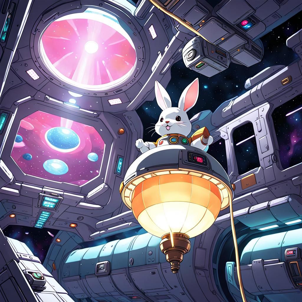 Rabbit Lamp in Space Station: Digital Anime Art