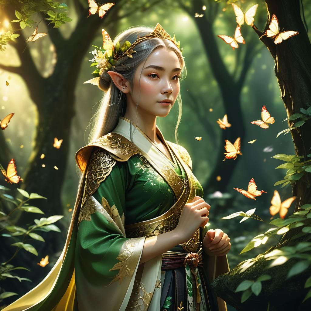 Elven Princess Plays Sanshin in Forest, Golden Hour