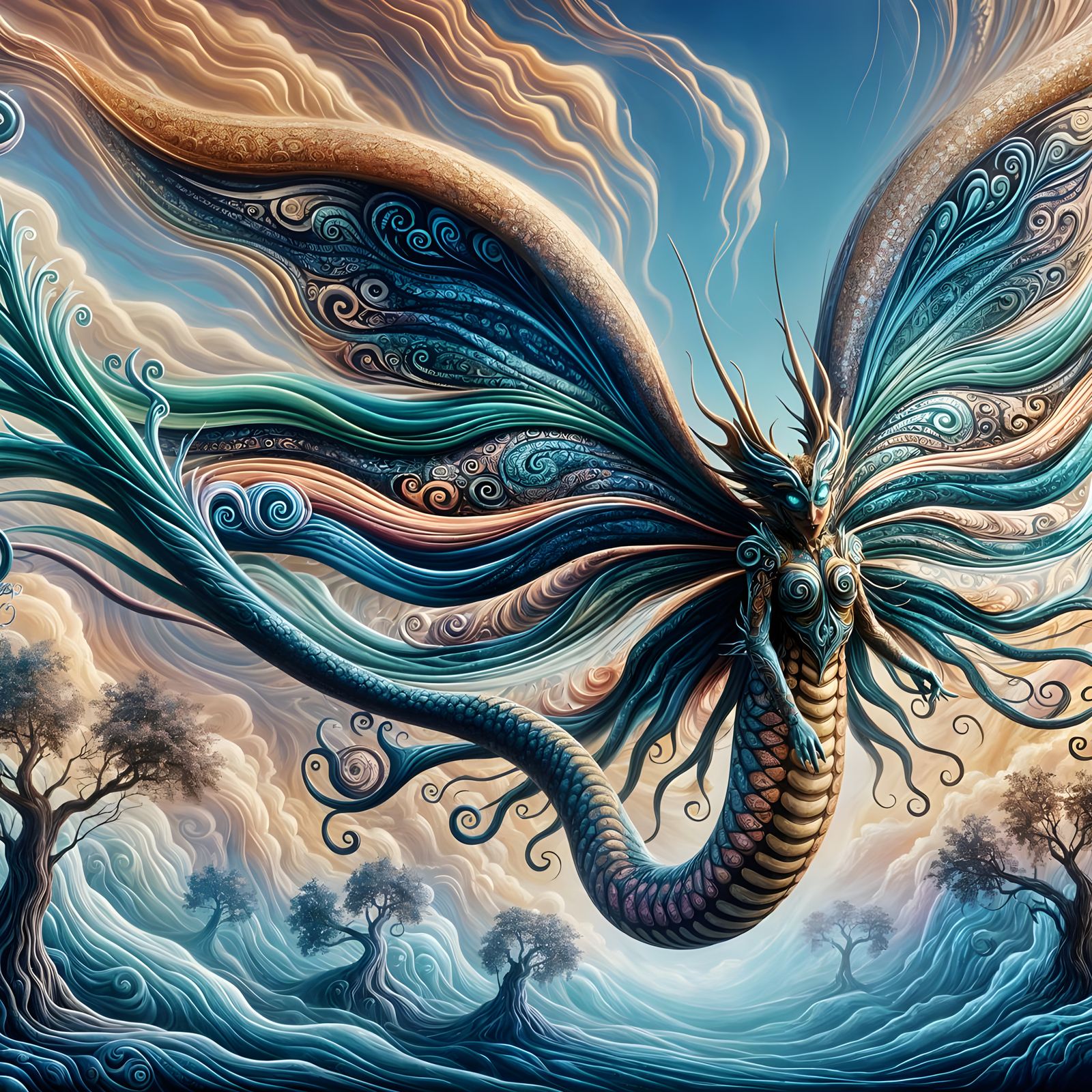 Butterfly-Snake Hybrid with Ornate Wings in Airbrush Art