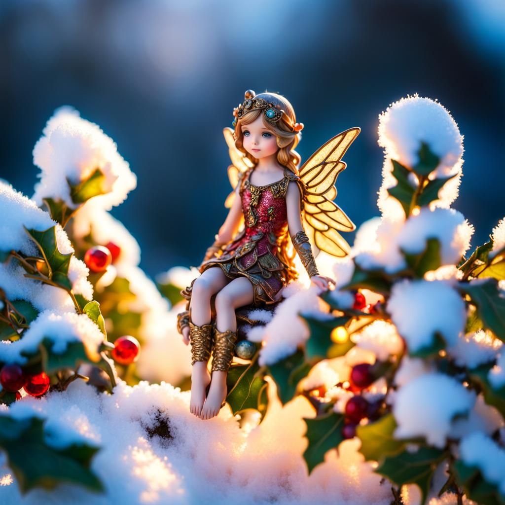 Stained Glass Fairy on Snowy Branch at Sunset