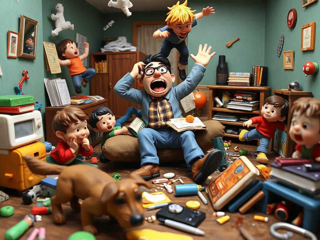 Hilarious 3D Illustration: Dad Overwhelmed by Chaotic Childr...