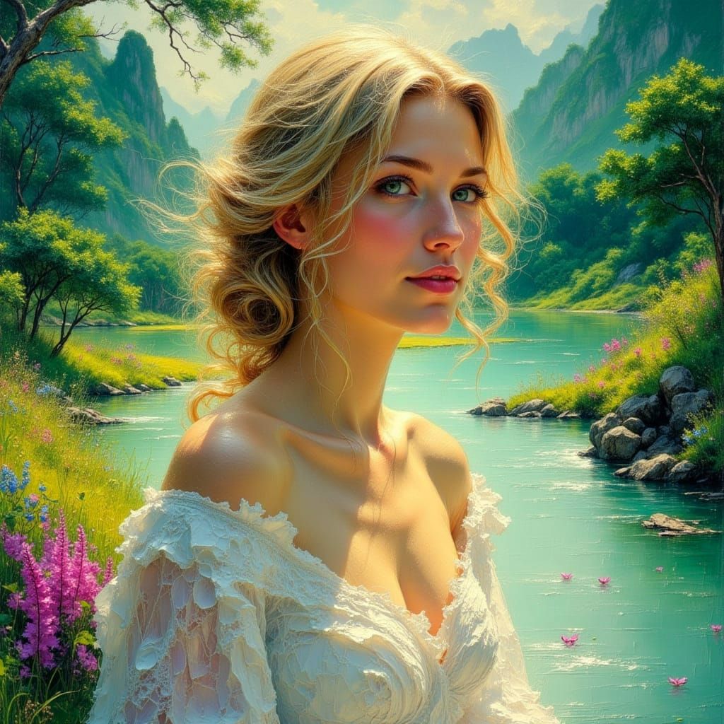 Luminous Landscape Portrait in Impasto Oil Painting Style