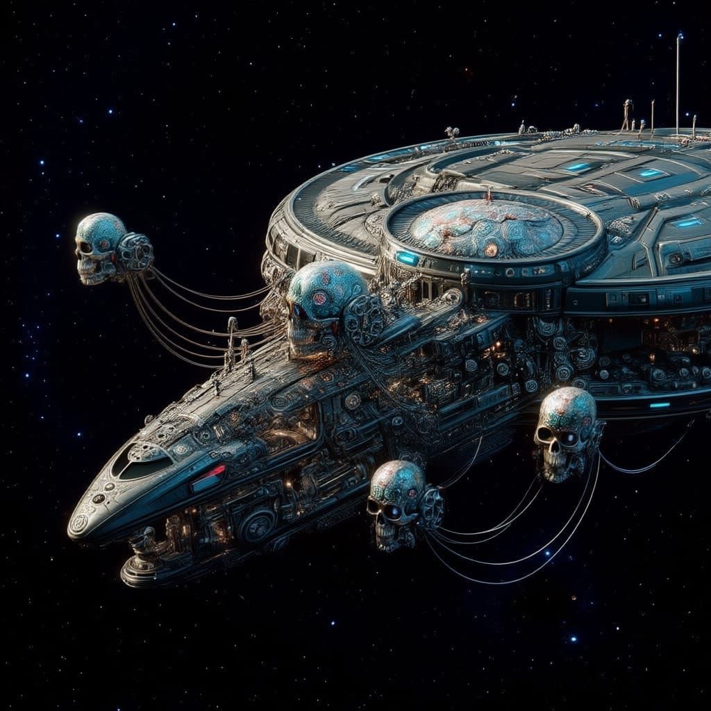 Mechanical Skulls Repairing Spaceship in Outer Space
