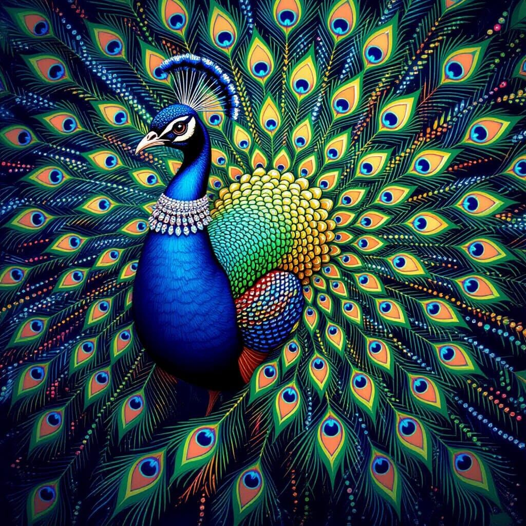 Beaded Peacock with Rainbow Tail, Iridescent Sheen