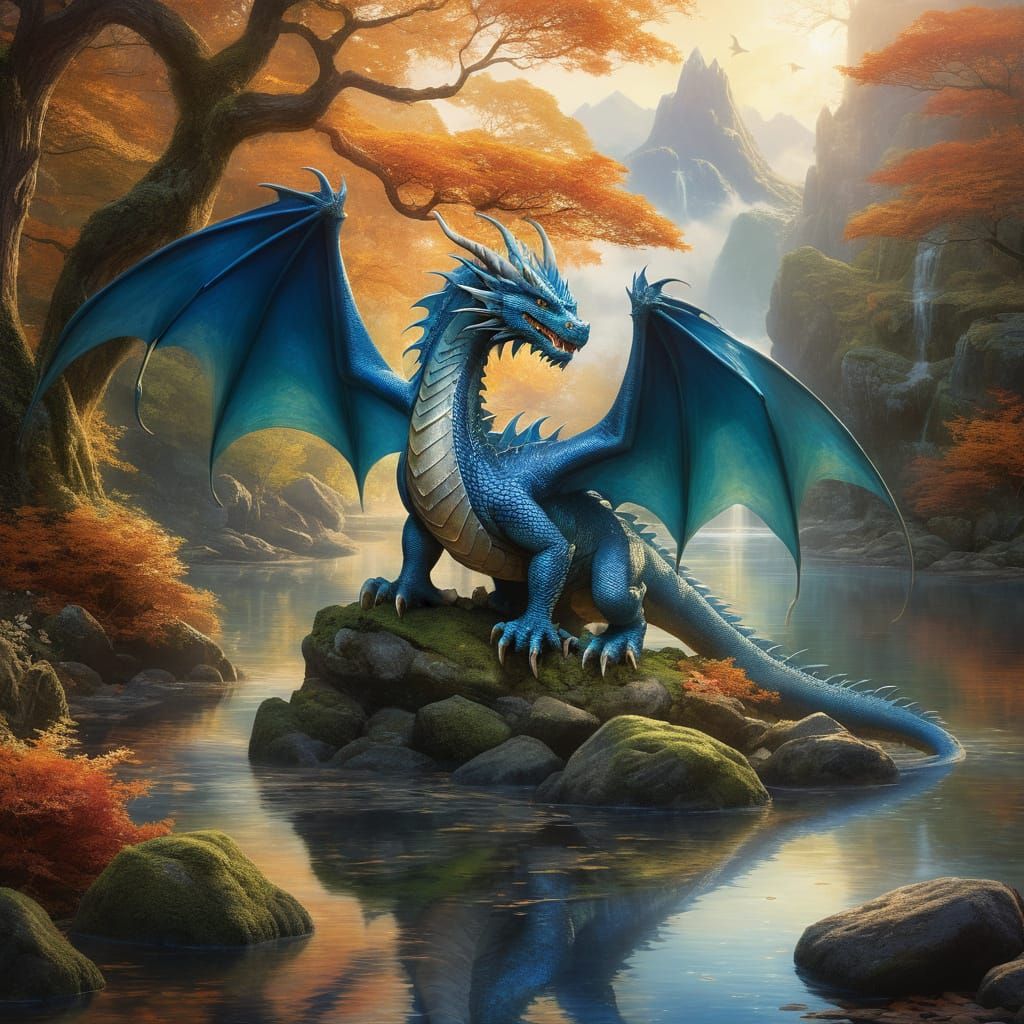 Majestic Blue Dragon Amidst Autumnal Lakeshore