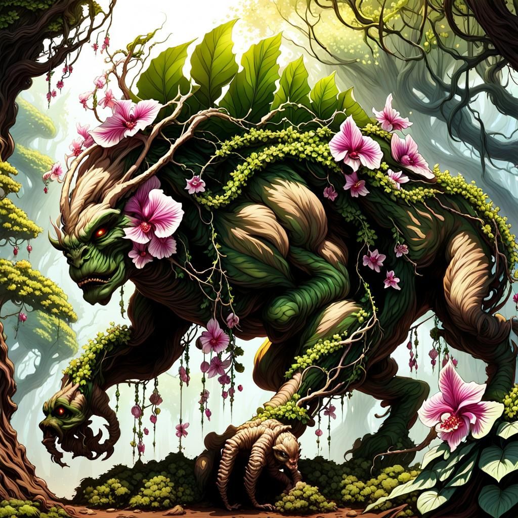 Nymph Rider on Martian Ent in Backlit Forest