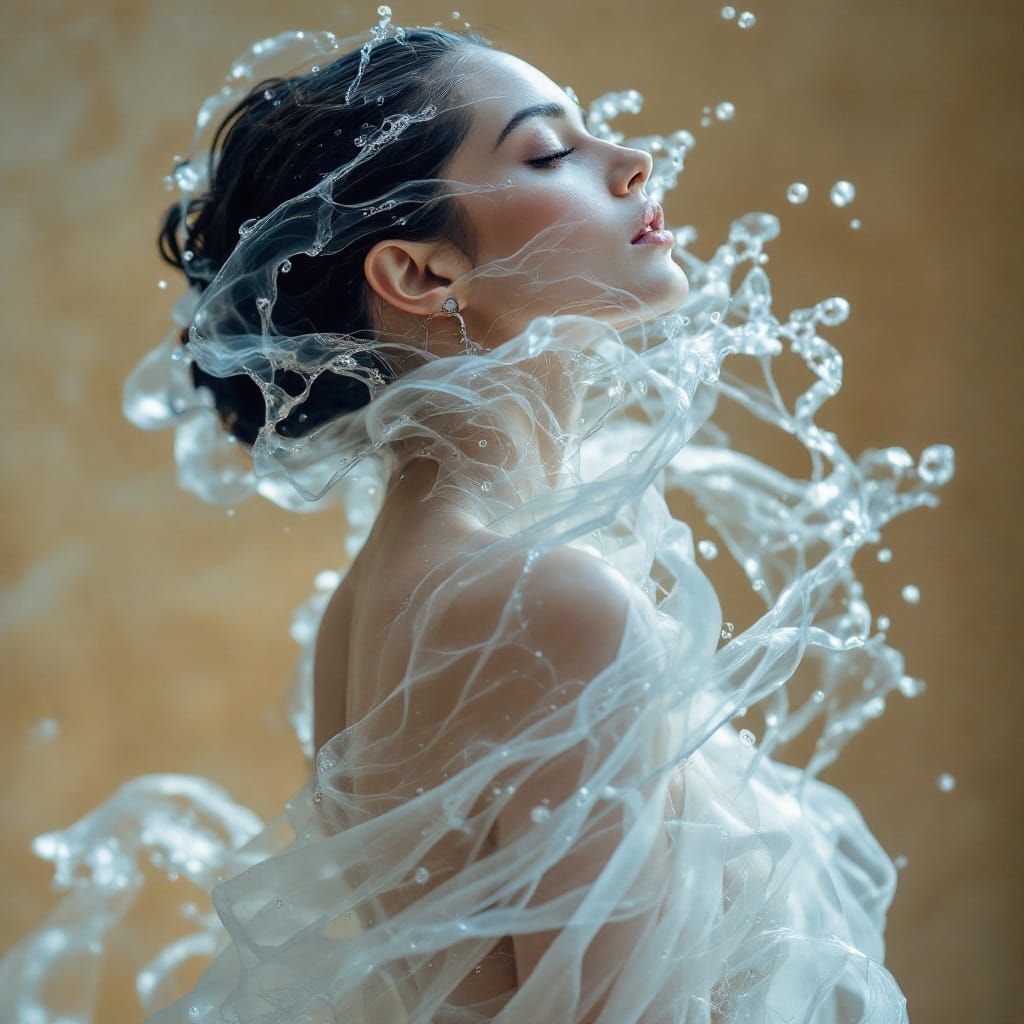 Lady in Water and Silk, Ethereal Portrait with Dreamlike Tex...