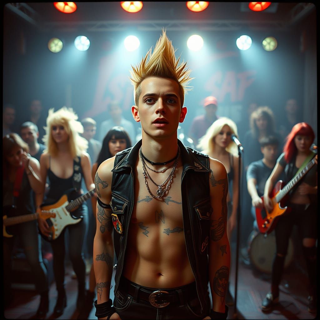 Rebel Rocker Amidst Rave Fans in Cinematic Style