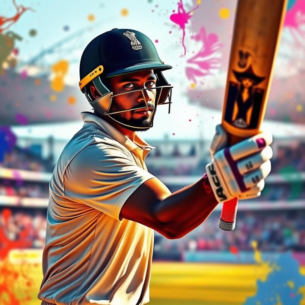 Dynamic Cricket Player in Hyper-Real Splash Art Style