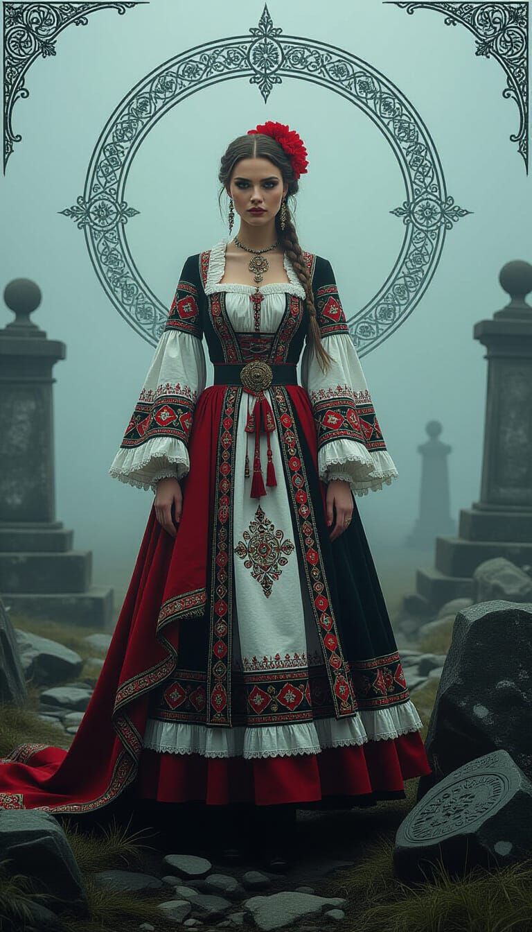 Polish Woman in Folk Costume in Surreal Landscape