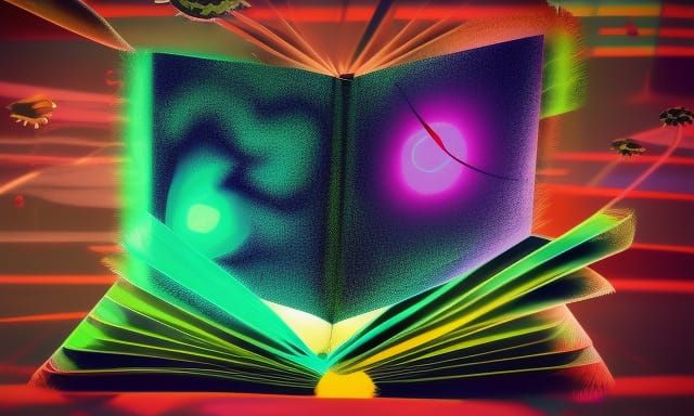 Book Page Descends in Biopunk Neon Thunderstorm