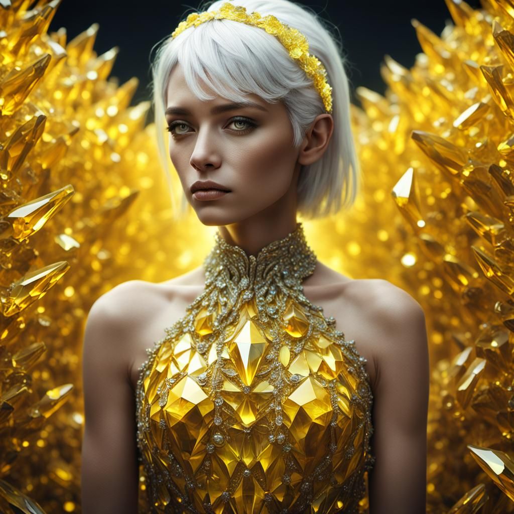 Woman in Crystalline Yellow Dress, Hyperrealistic