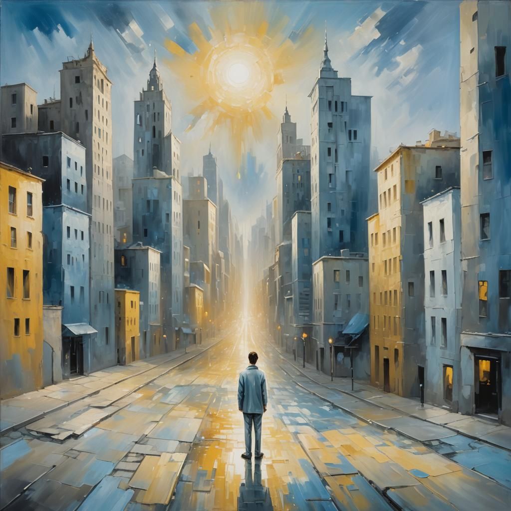 Figure in Dreamlike Cityscape Bathed in Golden Light
