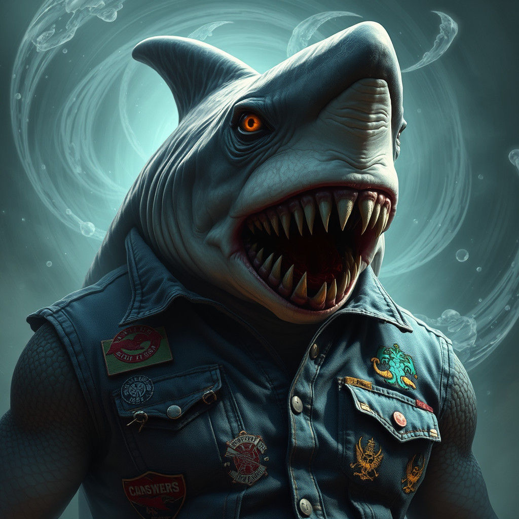 Shark Humanoid in Denim Vest: Fantasy Concept Art