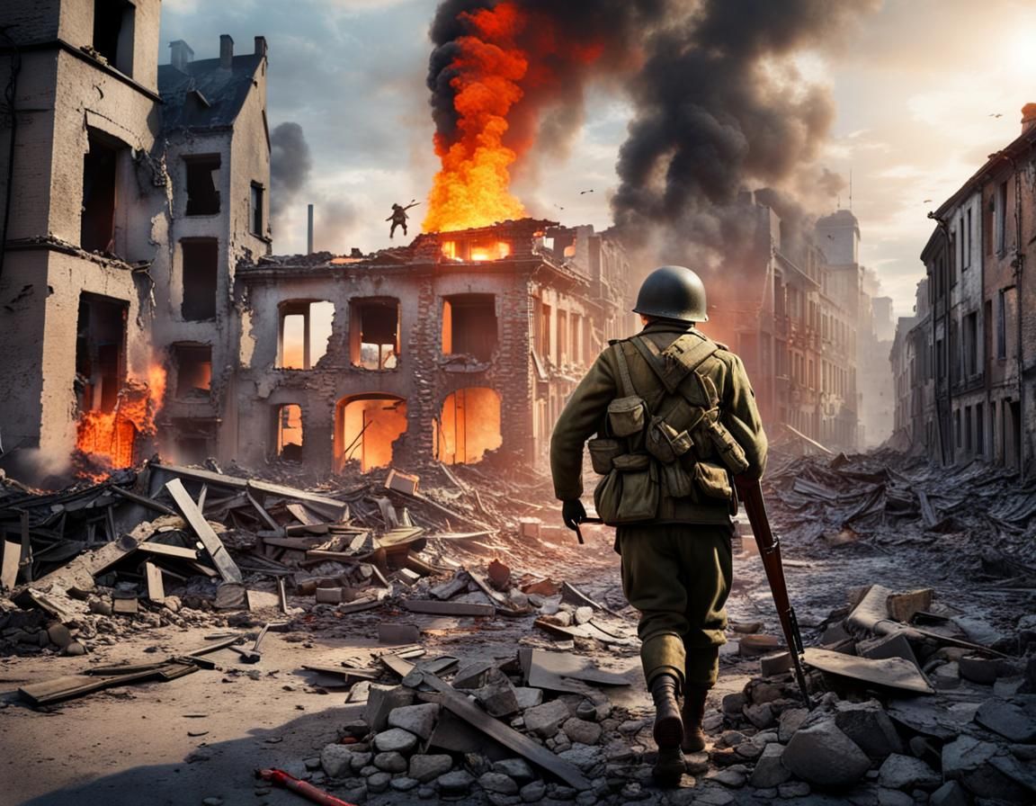 Wehrmacht Soldiers in WWII Ruined Cityscape