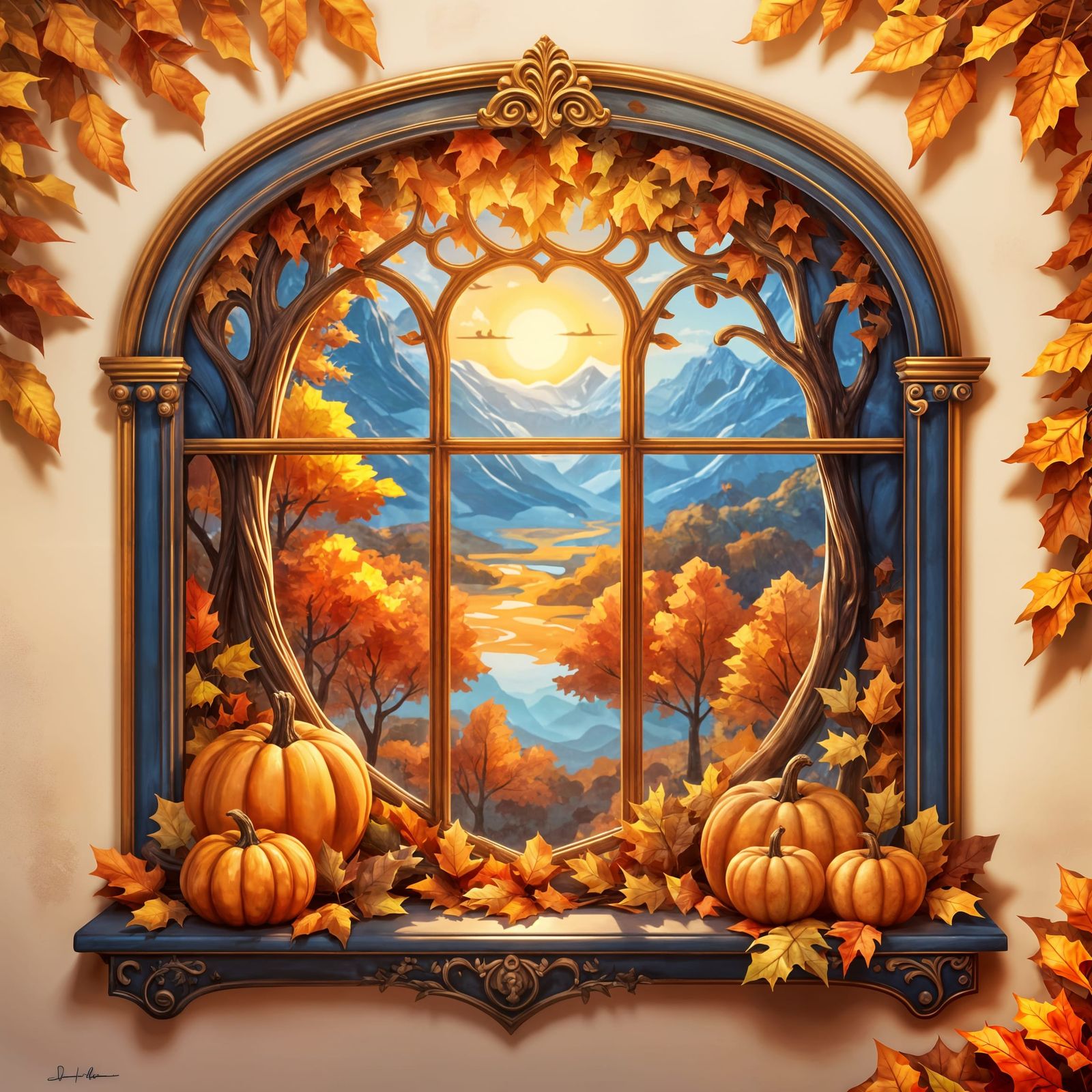 Cozy Autumn Scene Through Window: Matte Painting