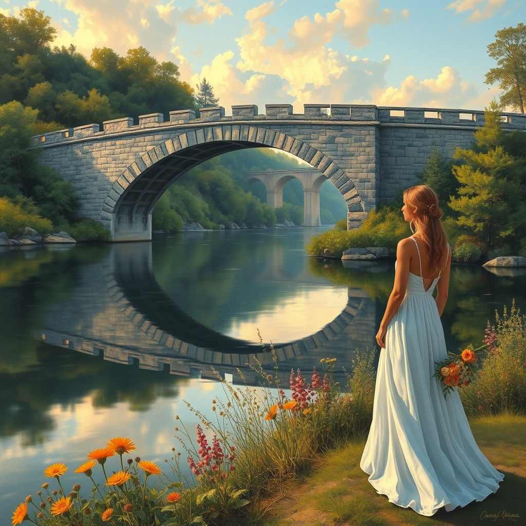 Woman by Lake at Sunset in Realistic Style