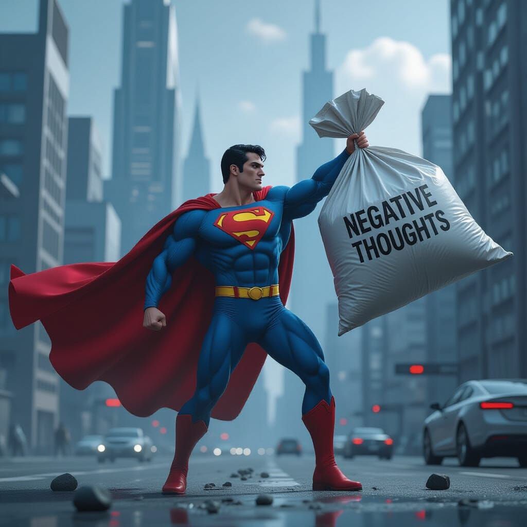 Superman Discards Negative Thoughts in Dystopian Cityscape
