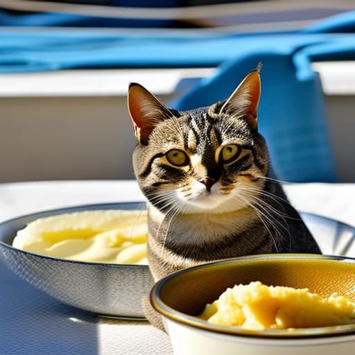 a cat next to a bowl of grits with cheese