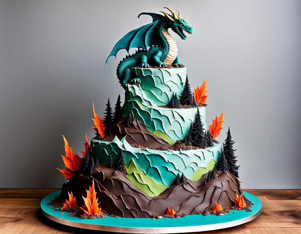 Mountain Birthday Cake with Frosting Dragon
