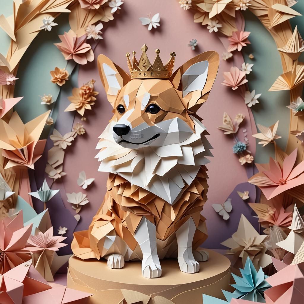Corgi King on Origami Throne: Papercraft Art