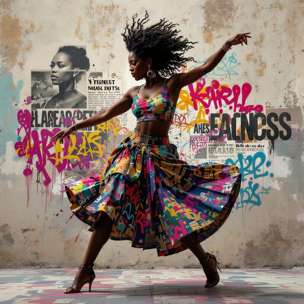 Black Woman in Dynamic Mixed-Media Installation