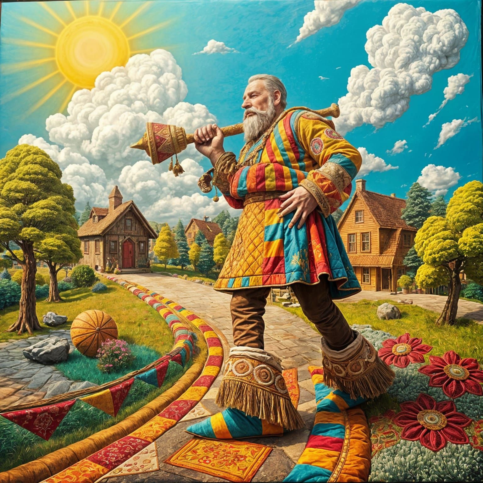 Vibrant Textile Giant Roams a Fabric Village