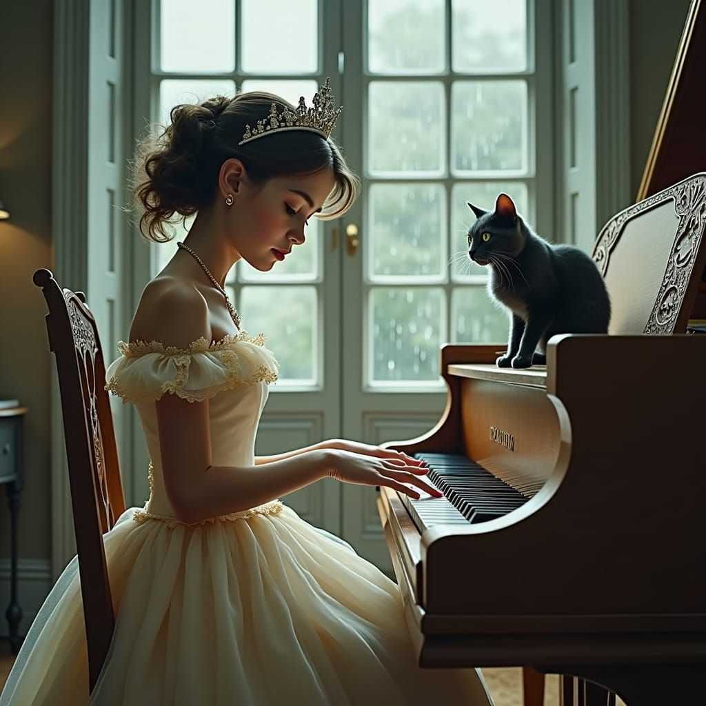 Princess at Piano with Cat in Ethereal Light