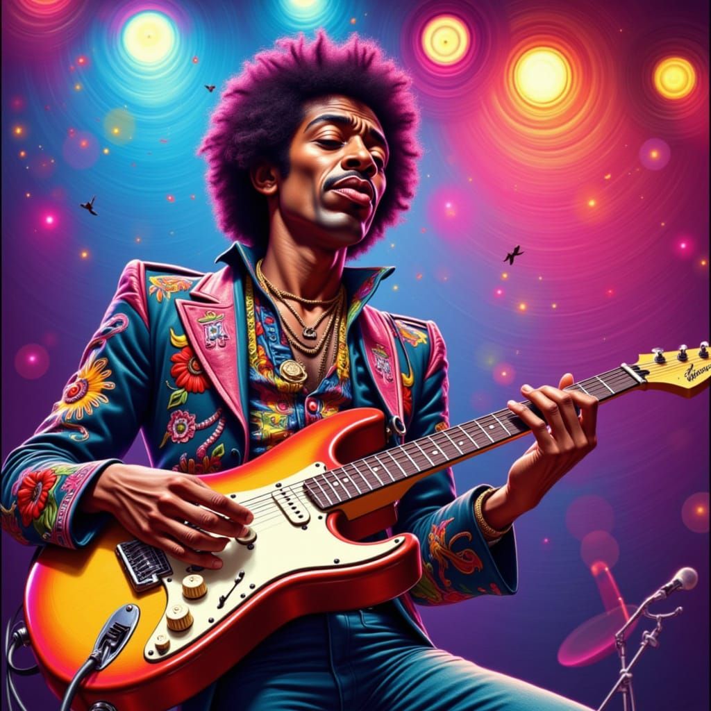 Jimi Hendrix in Psychedelic Stage Lighting