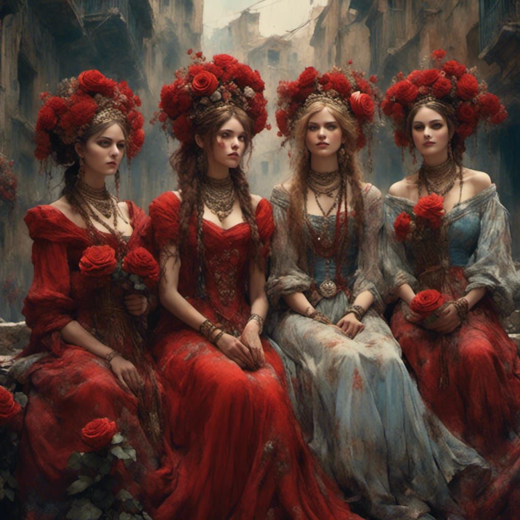Bulgarian Folklore Women in Red Dresses