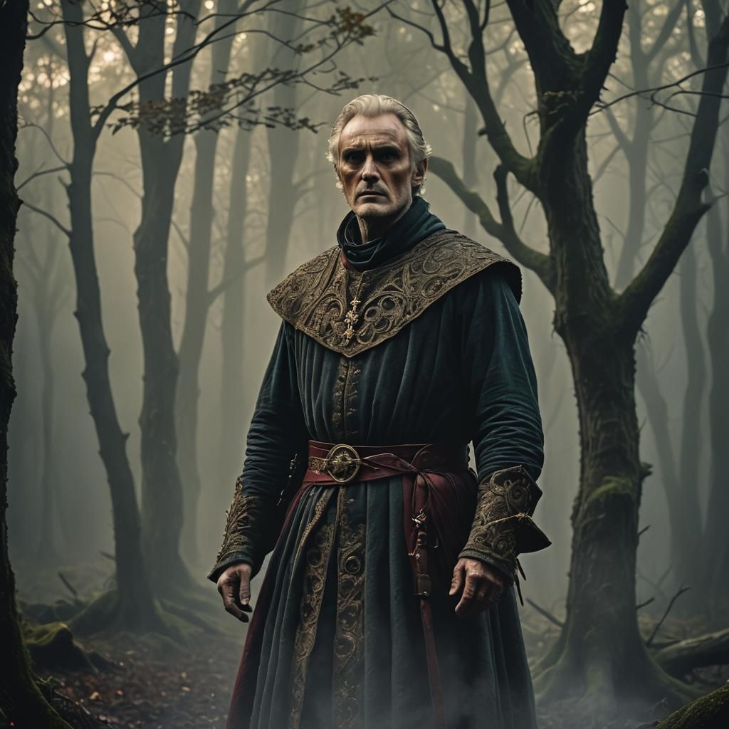Young Man in Medieval Dress in Misty Forest