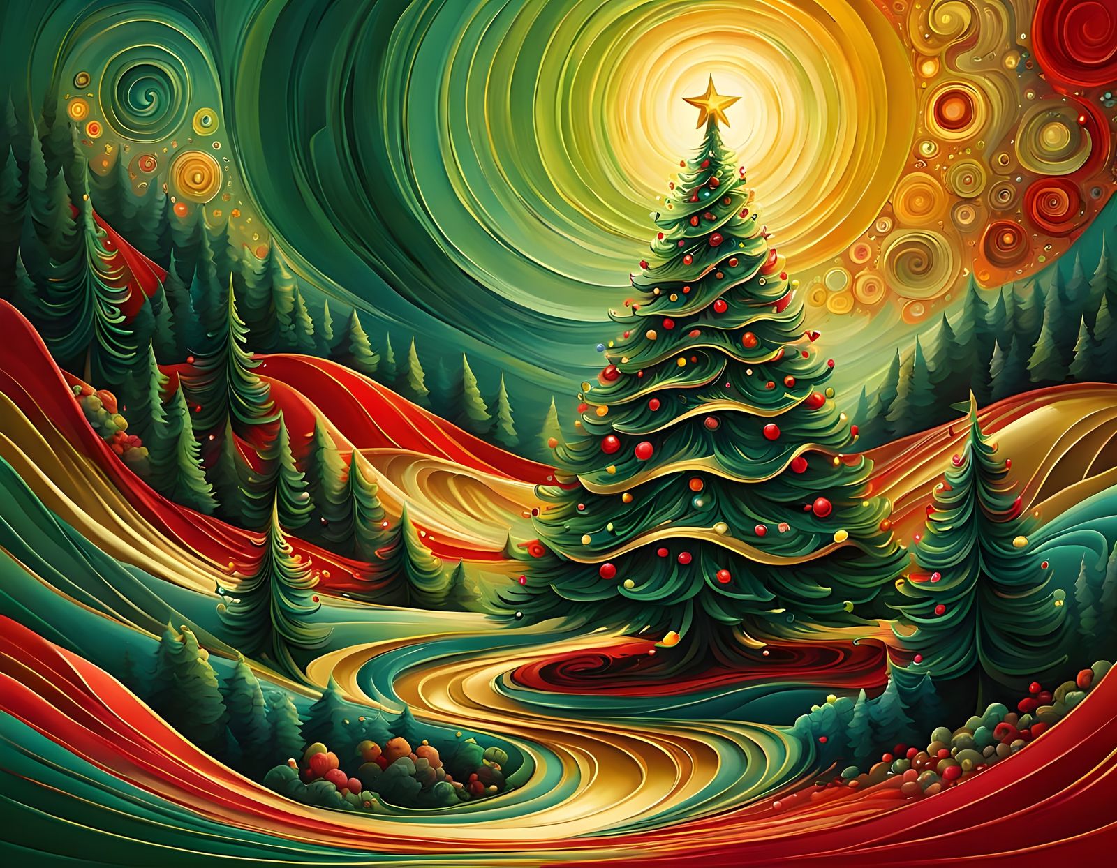 Surreal Christmas Tree Radiates Vibrant Colors on a Golden B...