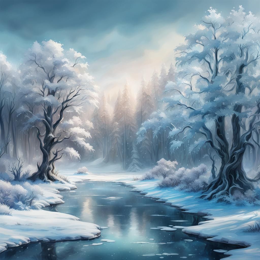 Frozen Pond in Winter: Detailed Matte Painting