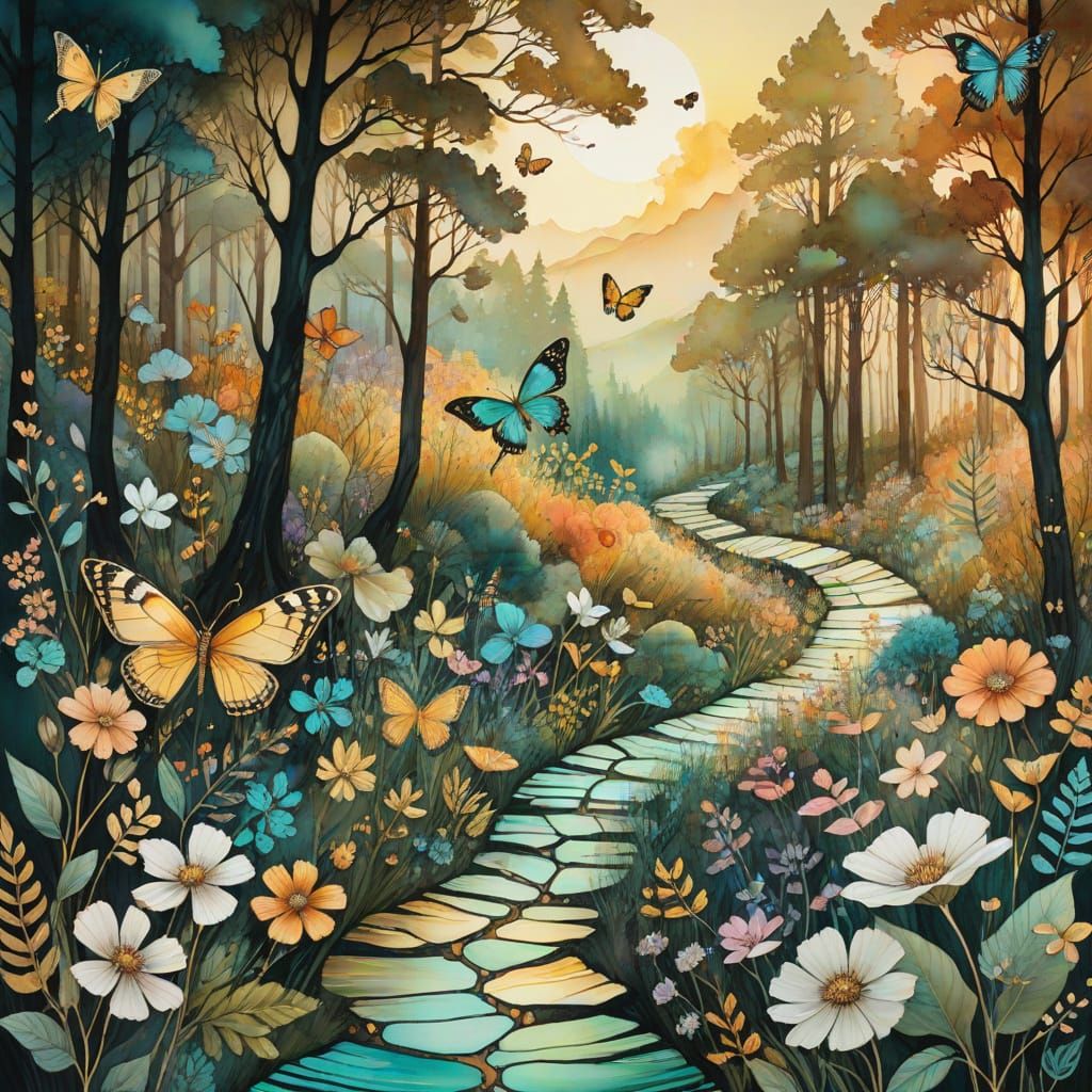 Golden Hour Forest Pathway with Butterflies