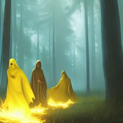 Yellow Cloaked Figures Dancing Around Bonfire
