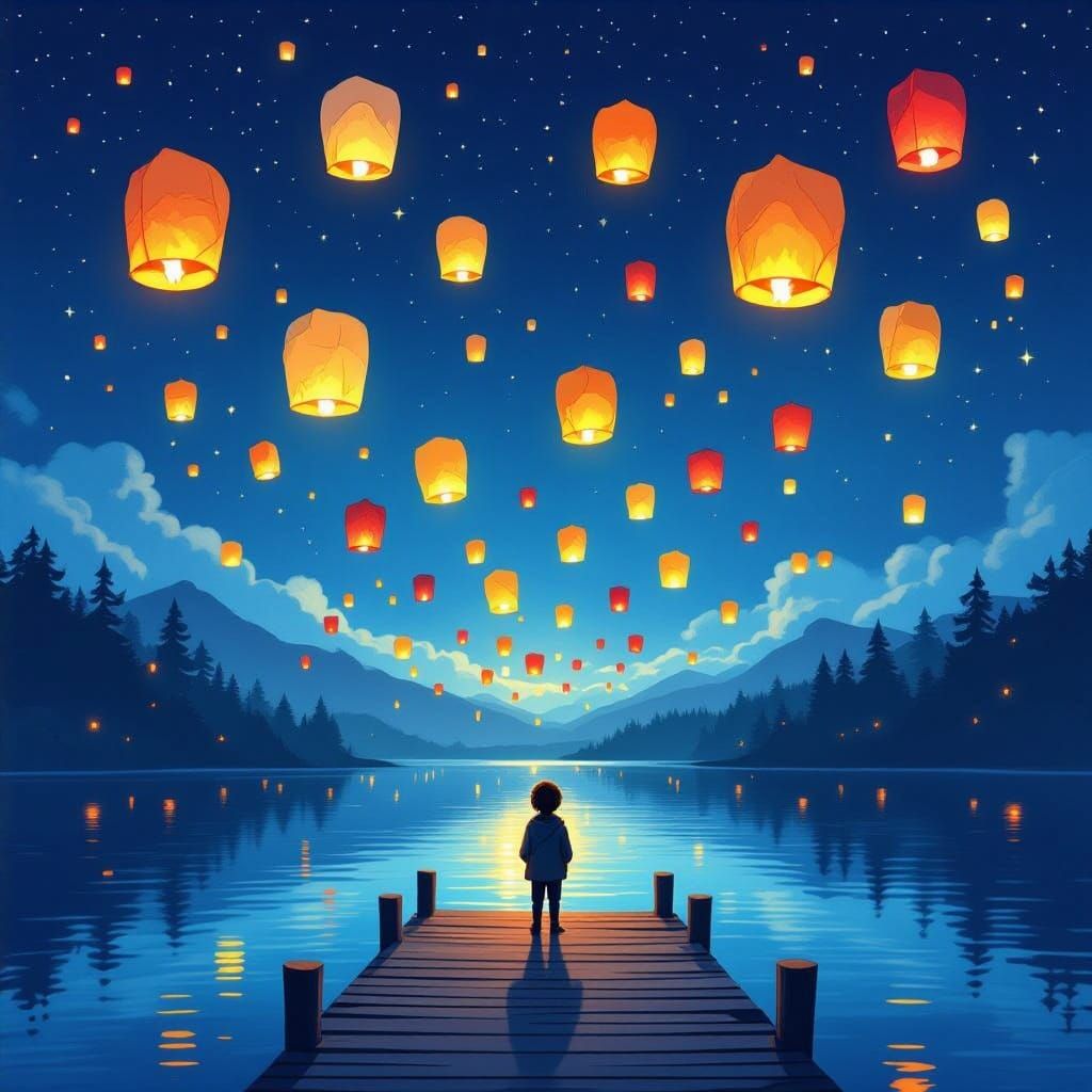Lanterns Ascend to Starry Night Sky