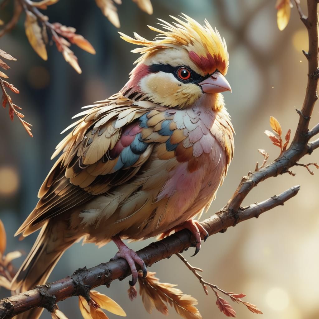 Surreal Hyper-Realistic Pokémon Perched on a Branch