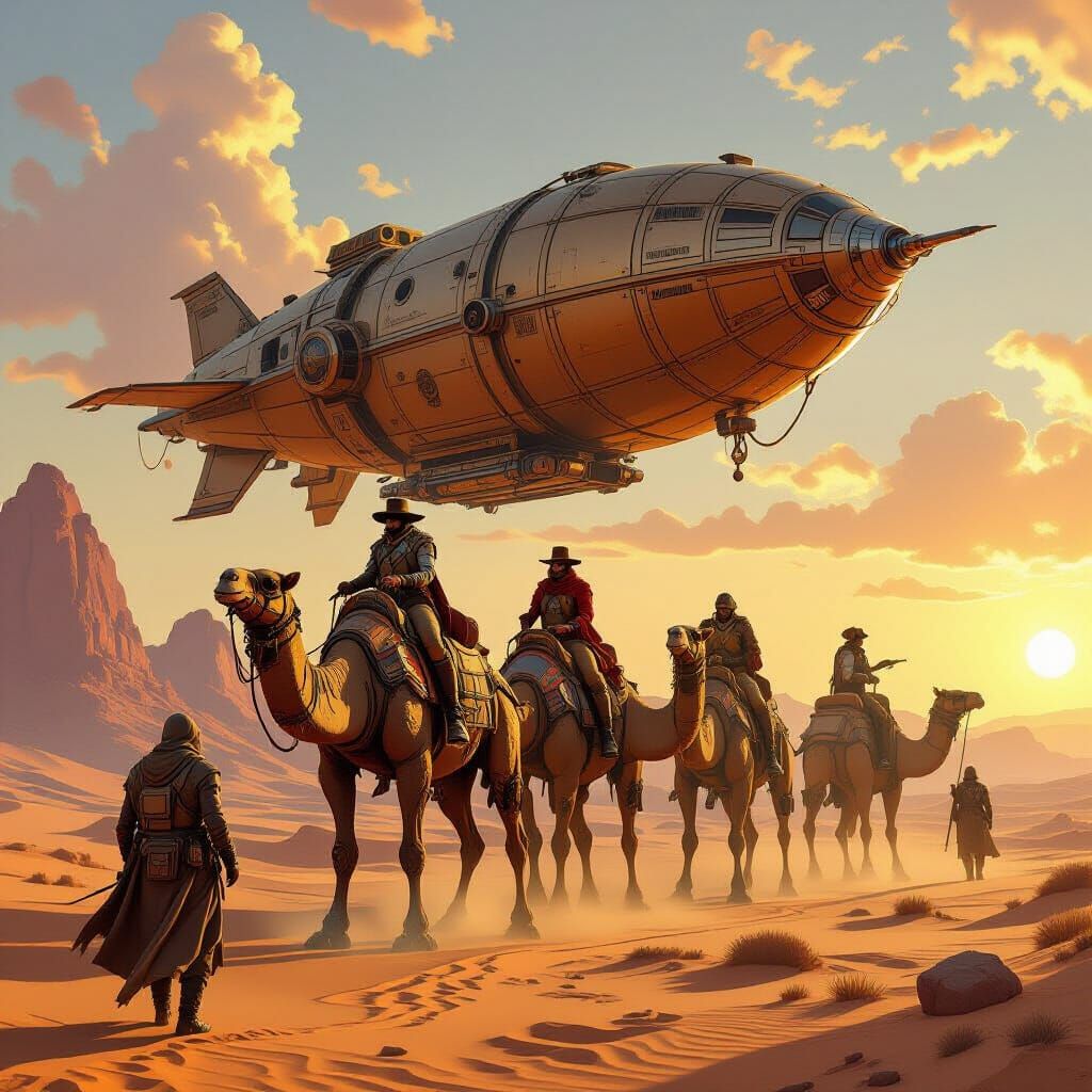 Steampunk Airship Crew on Cyber Camels in Desert