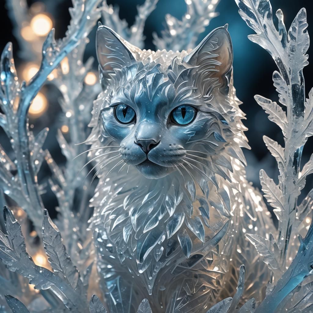 Icy Cat Crystal Sculpture in Macro Photography
