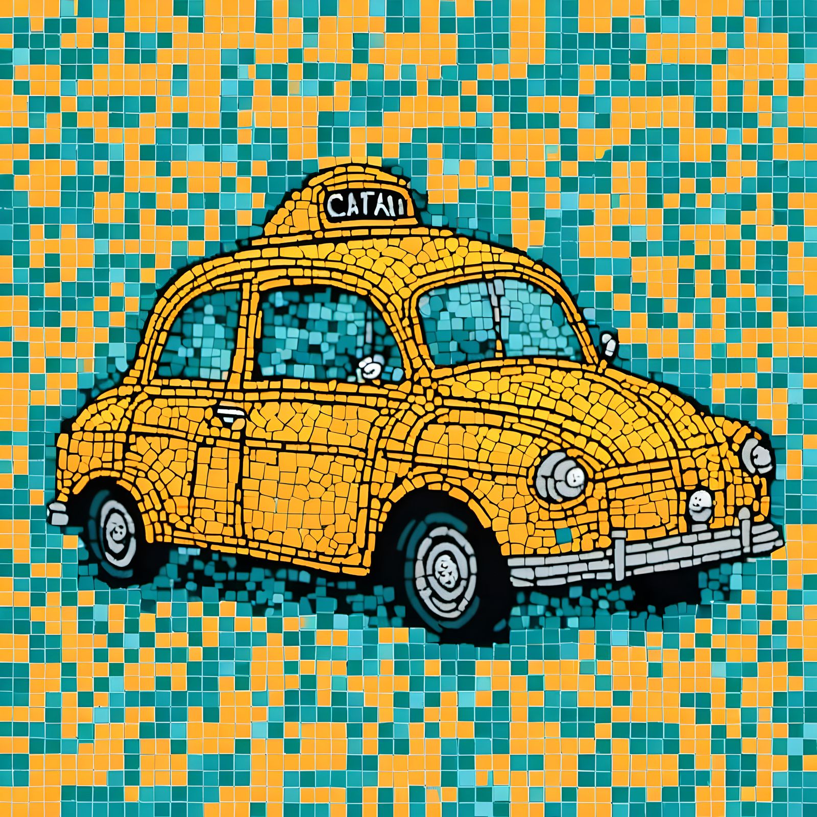 Taxi Cab Mosaic in Linocut Style