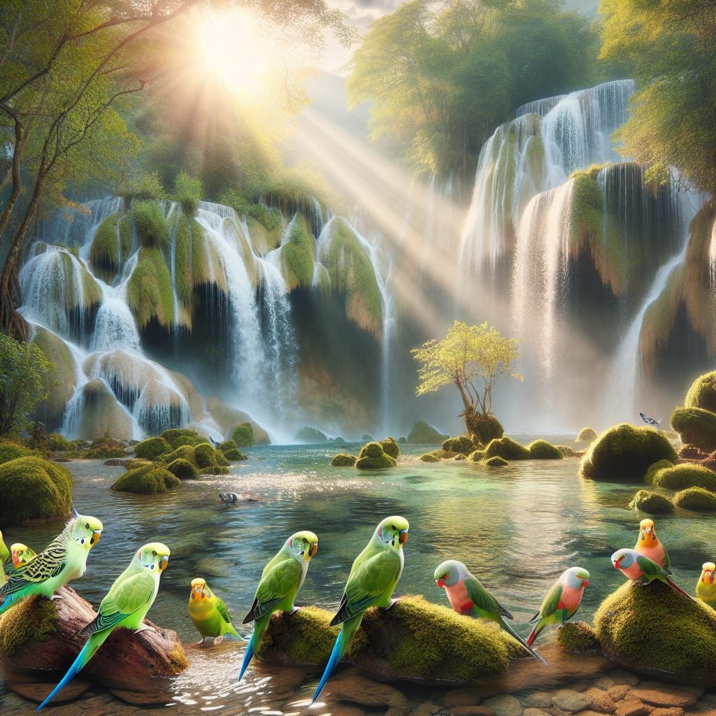 Idyllic Waterfall Scene with Colorful Parakeets