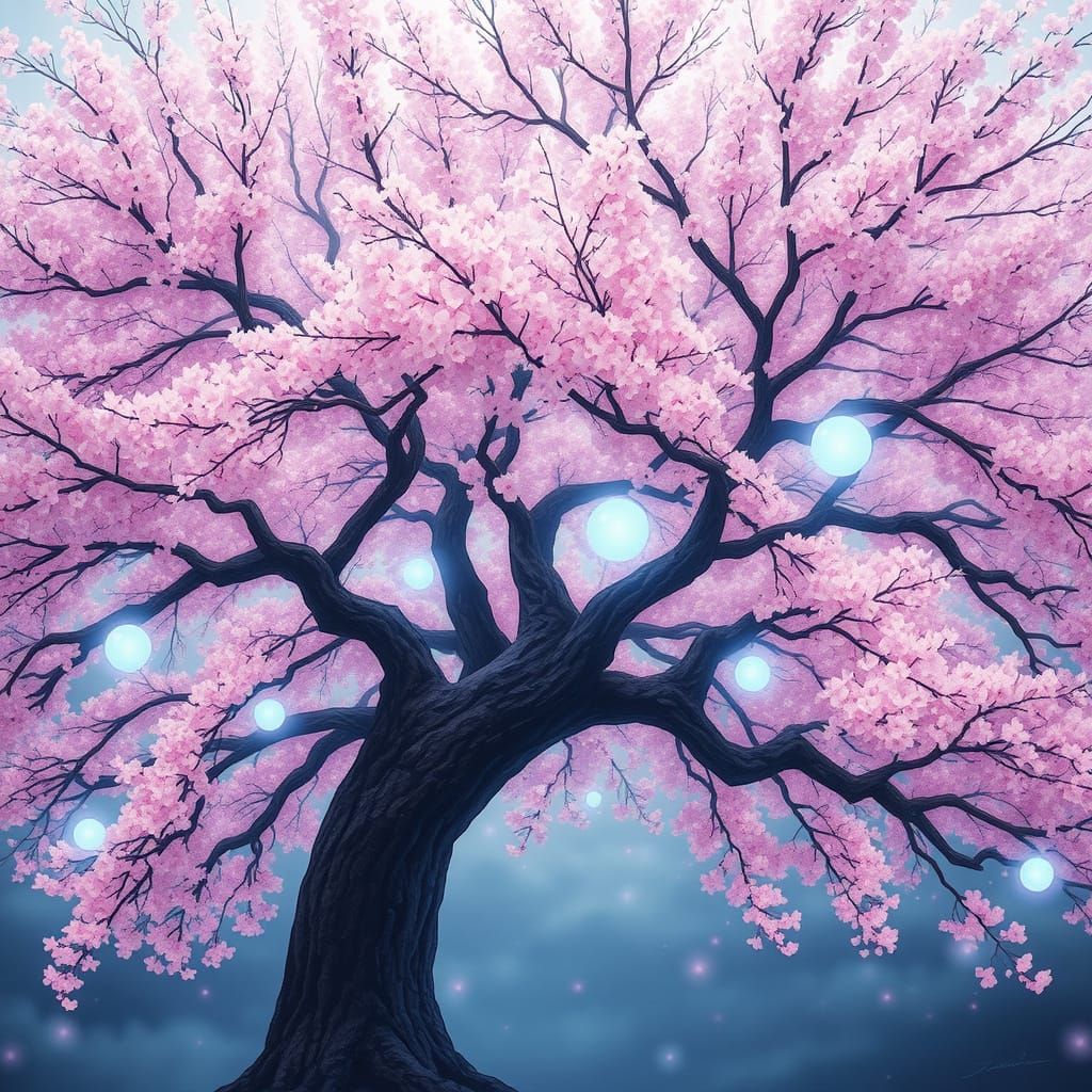 Ethereal Tree in Soft Pastels with Glowing Orbs