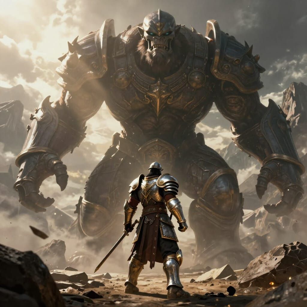 Warrior Faces Mountain Golem in Epic Fantasy Art