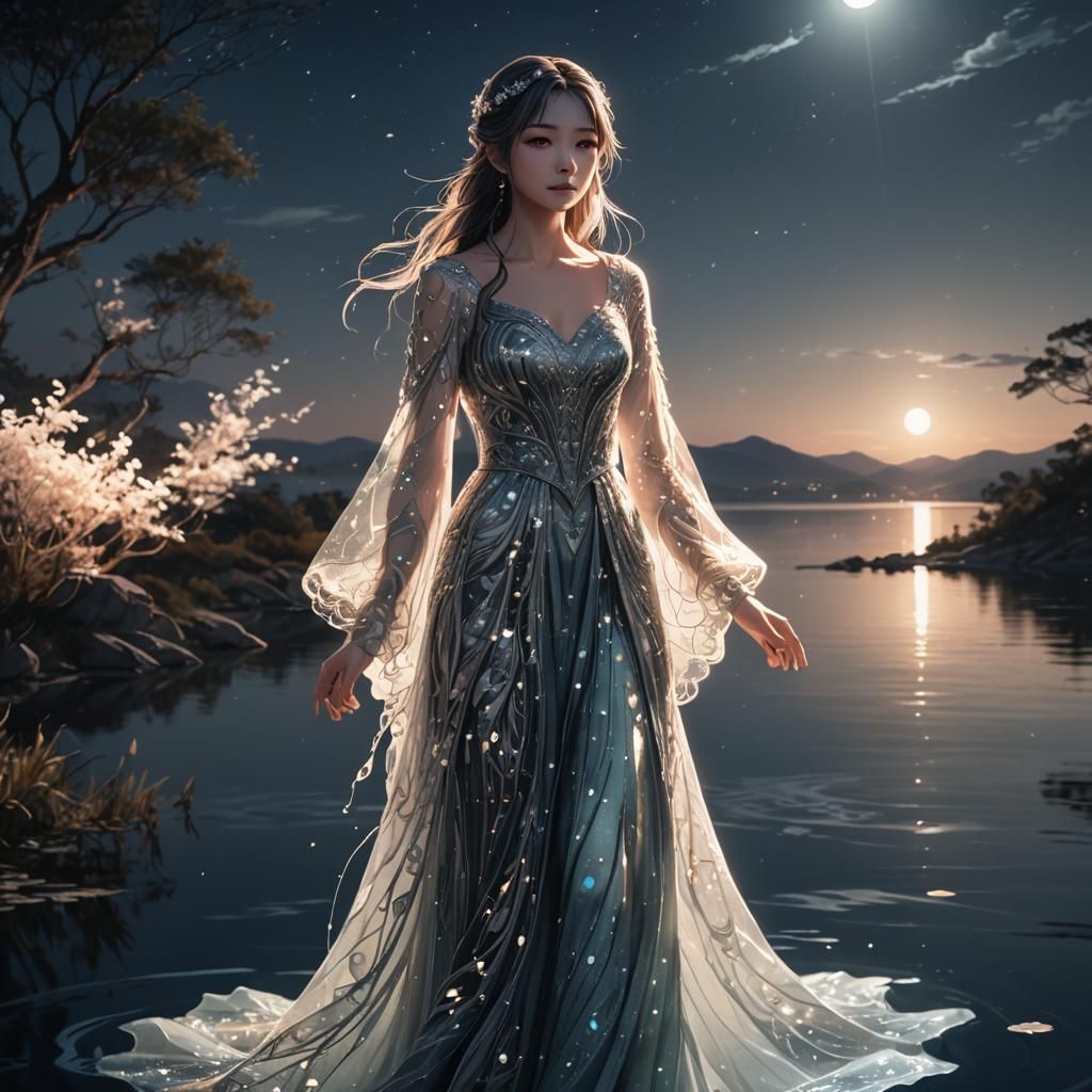 Anime Girl Emitting Light by Lake: Fantasy Art