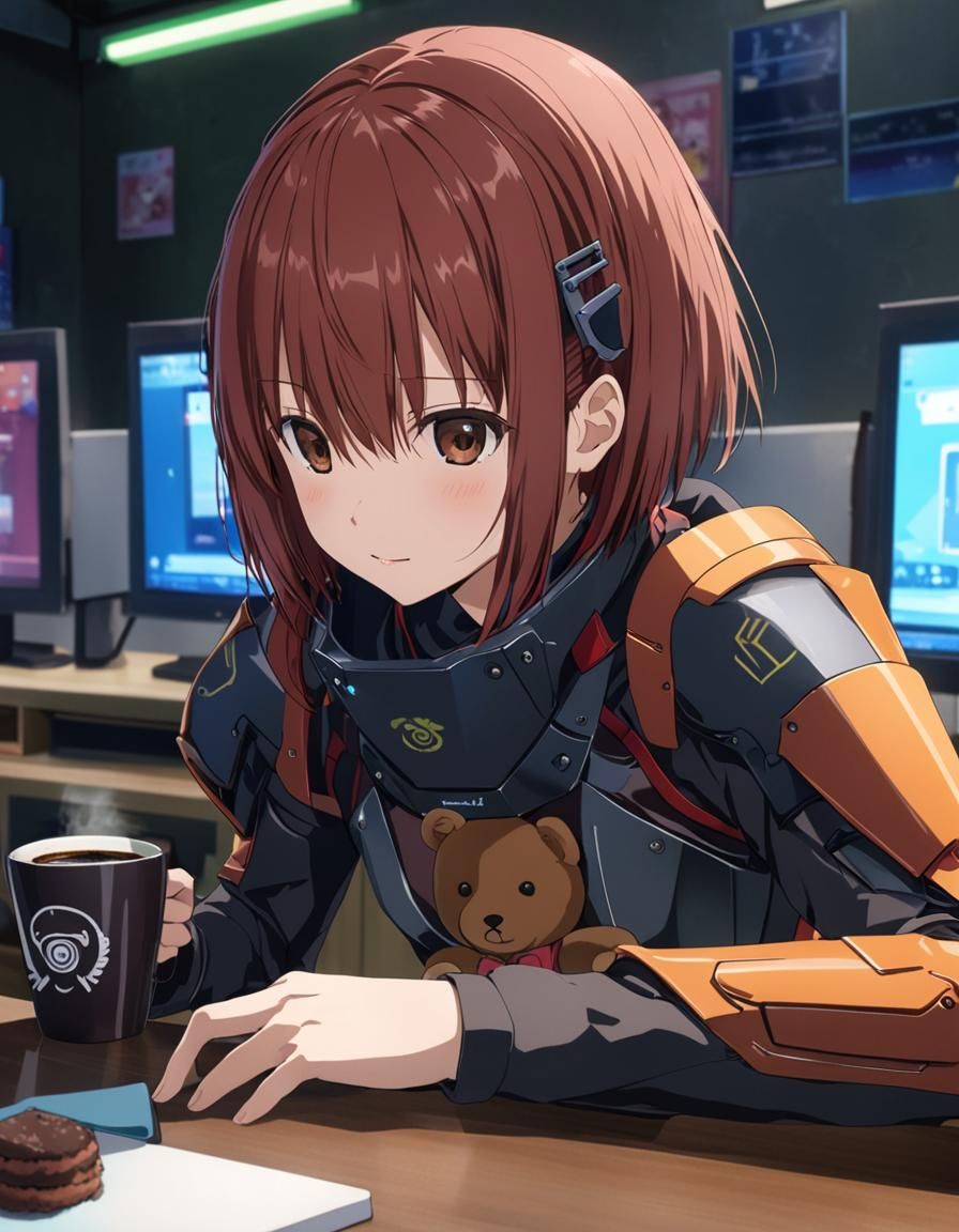 Lain Iwakura in Cyberpunk Cafe with Teddy