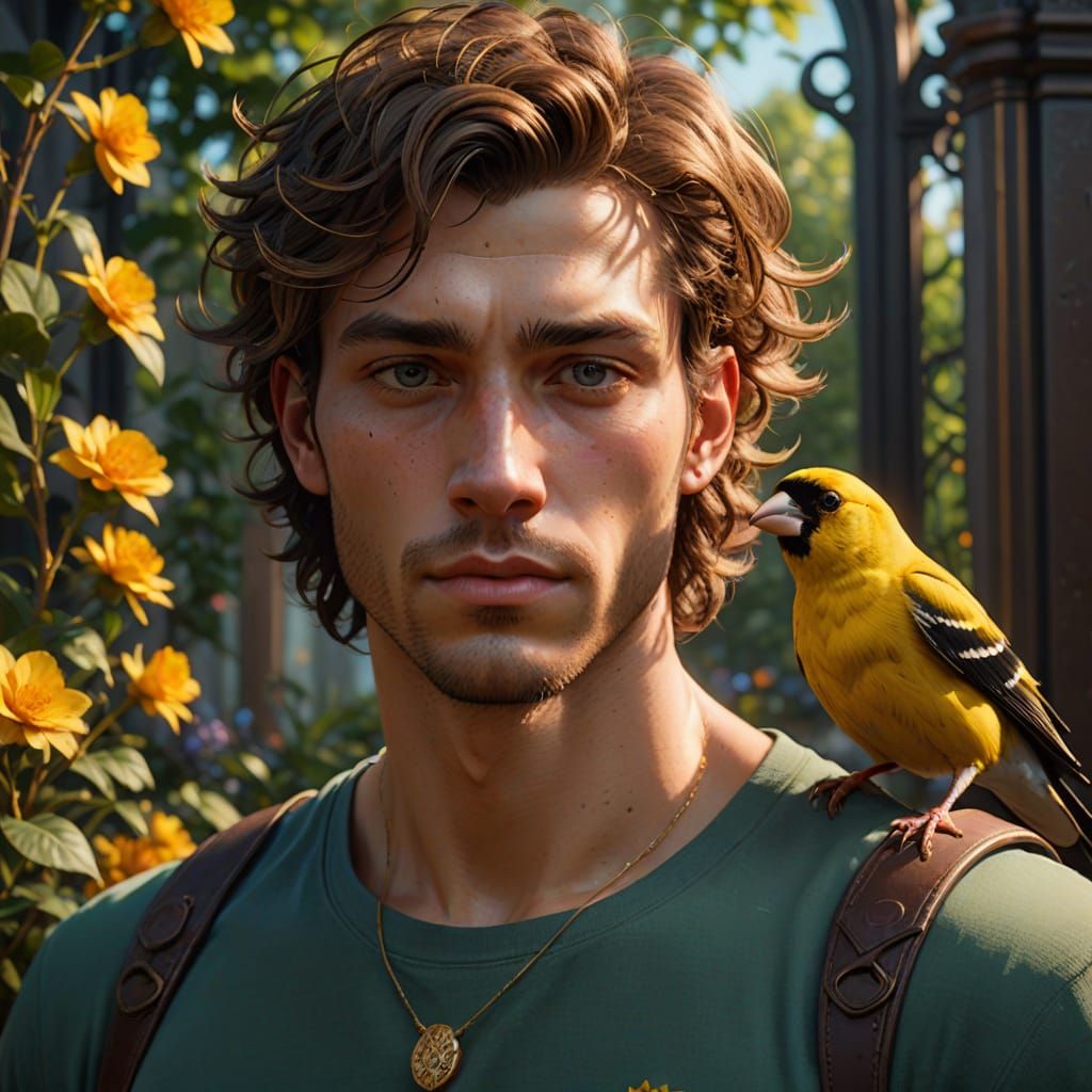 Handsome Young Man with a Goldfinch in Art Nouveau Style