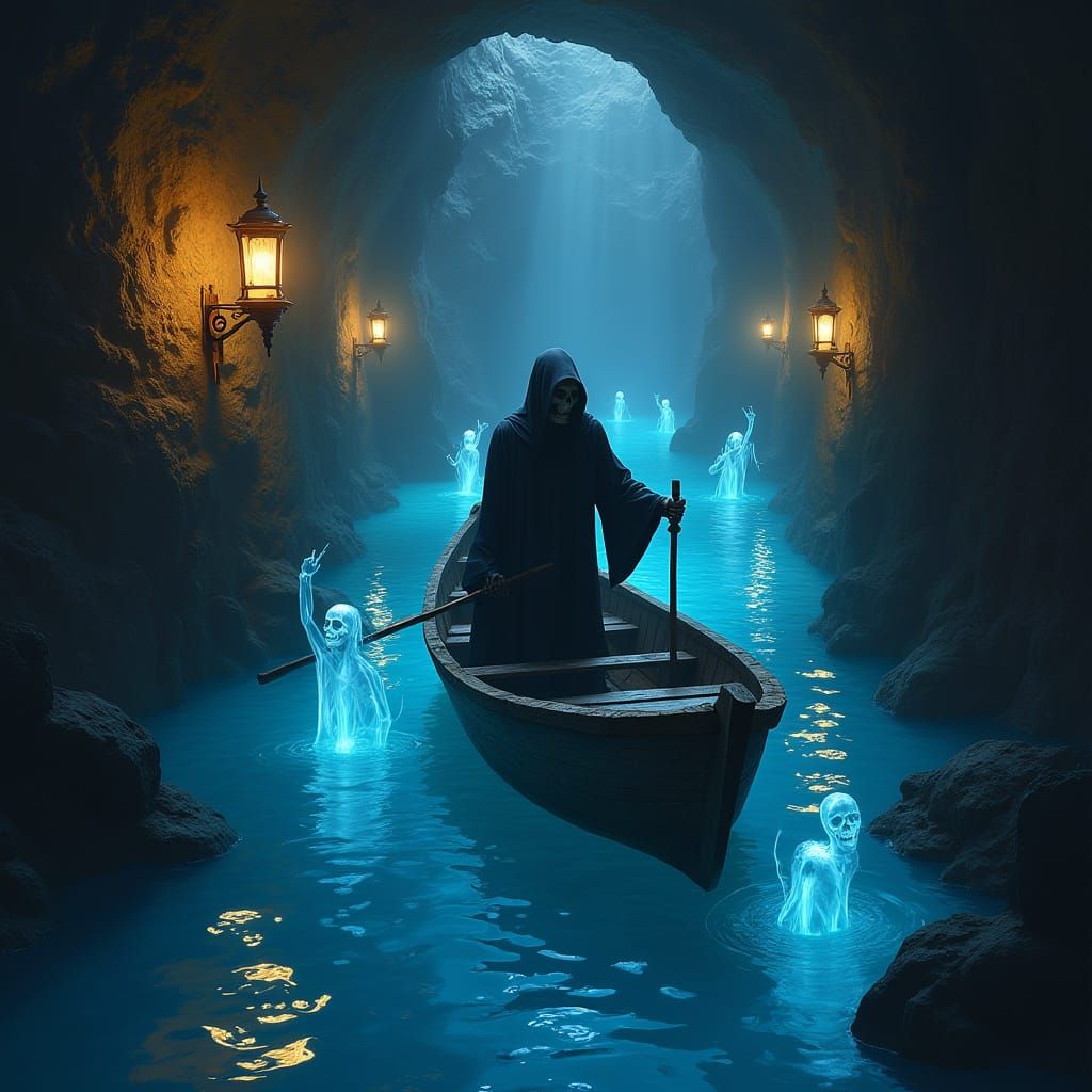 Skeletal Reaper Navigates River of the Dead