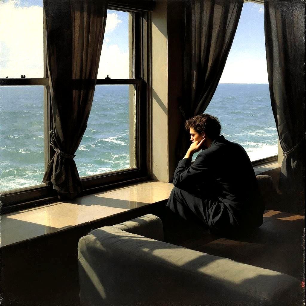 Contemplative Figures by the Sea in Hopper Style