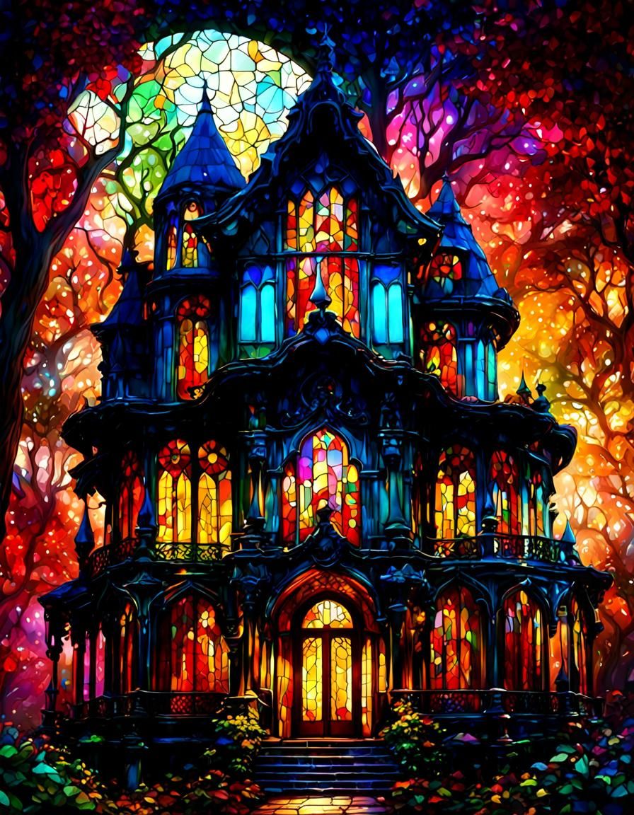 Stained Glass House in Enchanted Forest, Digital Art