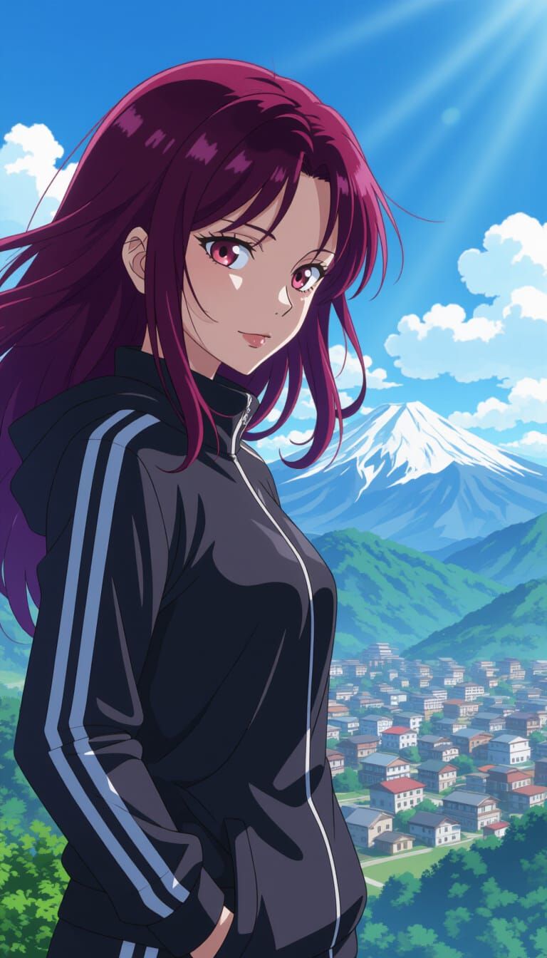 Anime Woman Gazing at Village in Cel-Shaded Style